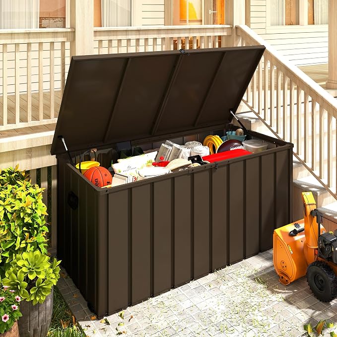 Domi 200 Gallon Metal Deck Box, Waterproof Outdoor Storage Box with Lockable Lid, Large Pool Storage Cabinet for Patio Furniture Garden Tools Pool-Supplies, Brown