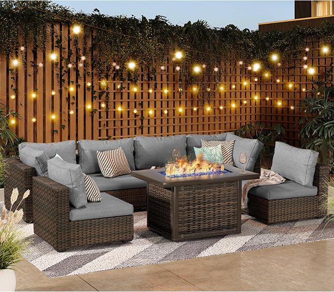 15 Piece Patio Furniture Set with 44" Fire Pit Table, Outdoor Sectional Couch, PE Rattan Patio Conversation Sets with 4inch Cushions for Backyard Grey