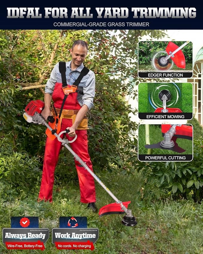 52cc Gas Weed Eater & Brush Cutter, 3-in-1 Heavy Duty String Trimmer for Overgrown Brush, Low-Vibration Weed Wacker with Detachable Shaft & Full-Crank Engine (Orange Silver)