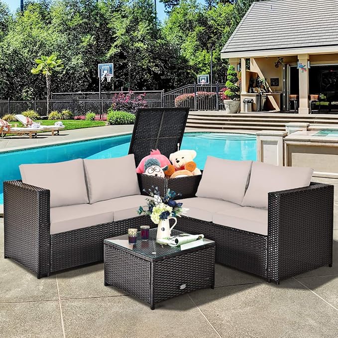 Tangkula 4 Piece Wicker Patio Set with Storage, All Weather-Proof Outdoor Conversation Set, with Loveseat, Glass Top Coffee Table & Storage Box, Suitable for Garden, Poolside, Sunroom (1, Brown)
