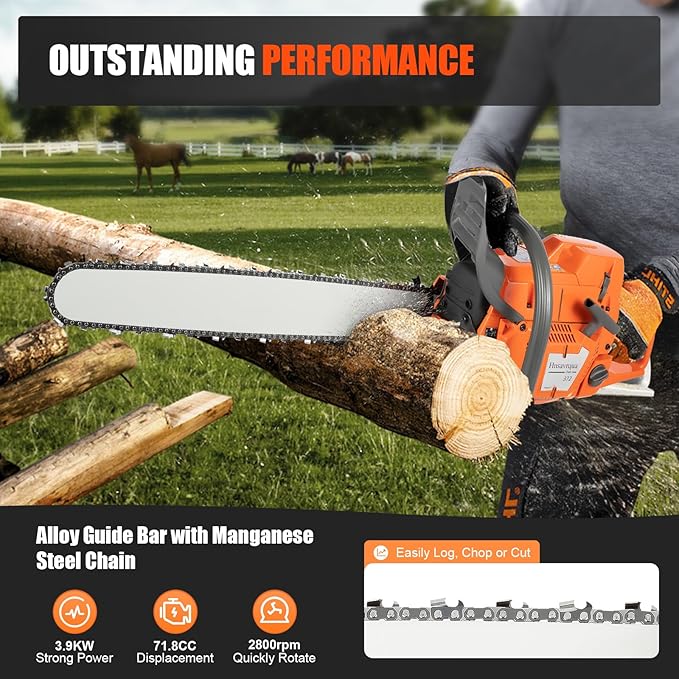 24 Inch Gas Chainsaw, 71.8CC 2-Stroke 3900W Handheld Cordless Gasoline Chainsaw, 2800RPM Single Cylinder Air-Cooled Gas-Powered Chain Saw for Wood Cutting Tree Trimming