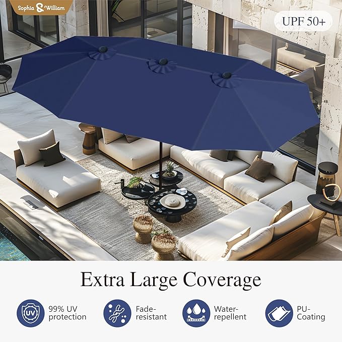 Sophia & William 15 ft Extra Large Patio Umbrella with Base Included, Rectangular Outdoor Umbrella Heavy Duty, Market Umbrella Double-sided Fade Resistant for Pool Garden Backyard, Navy Blue