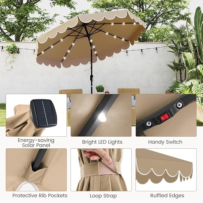Tangkula 9 FT Solar Patio Umbrella, 2-Tiers Scalloped Outdoor Table Market Umbrella with 32 LED Lights, Vented Top, Tilt Adjustment, Crank, 8 Ribs for Backyard Poolside Deck Beach Lawn (Coffee)