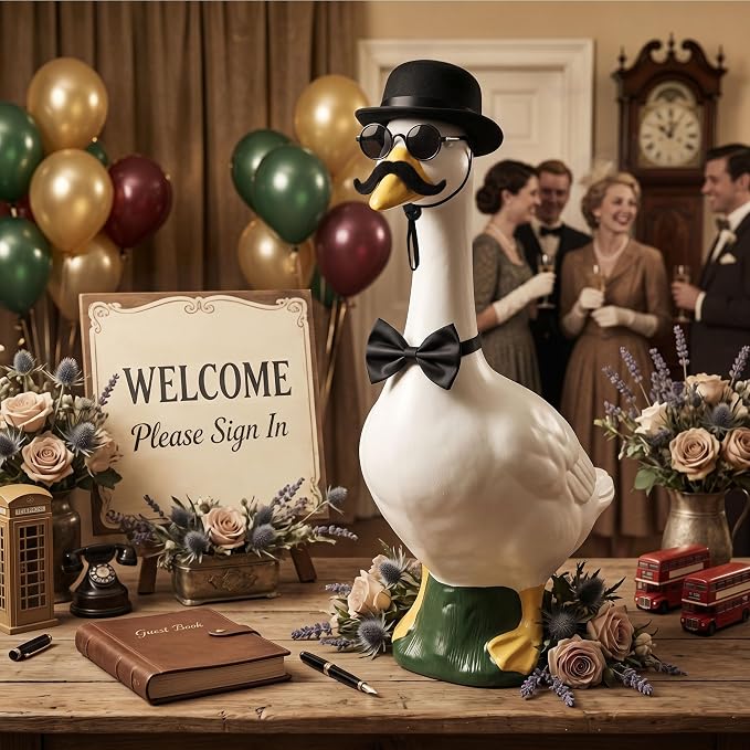 Porch Goose Statue 7pc Accessory Combination Set, Gentleman Goose Accessories Kit with Top Hat Bow Tie Sunglasses Strap for 23 Inch Goose, Black Formal Style Yard Decor (Black Formal 7PC)