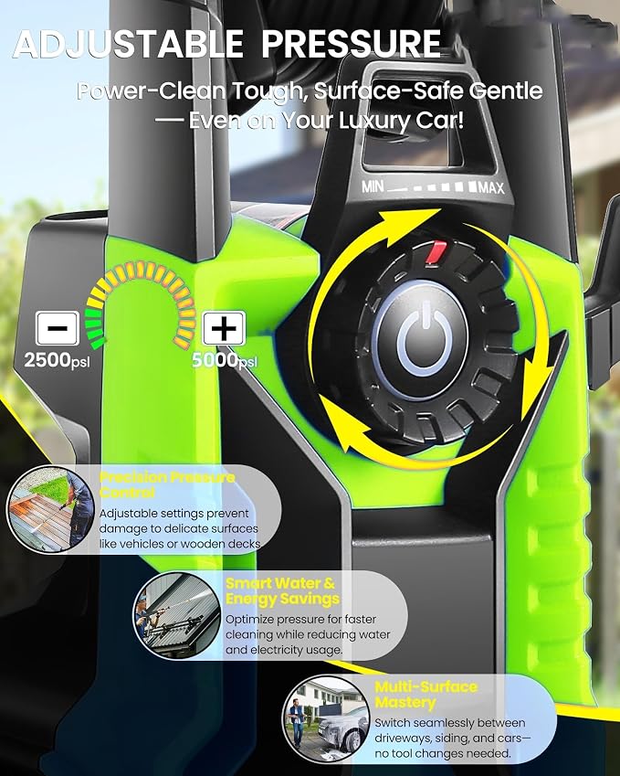 𝐄𝐥𝐞𝐜𝐭𝐫𝐢𝐜 𝐏𝐨𝐰𝐞𝐫 𝐖𝐚𝐬𝐡𝐞𝐫 𝟓𝟎𝟎𝟎𝐏𝐒𝐈 Adjustable Pressure, Power Wahser Powered with 33FT Pipe, 4 Nozzles for Home/Cars/Fences, Green