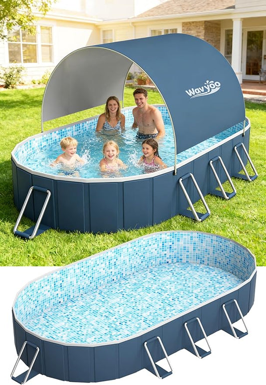 Foldable Pool with Canopy,10FT NonInflatable Above Ground Swimming Pools | Inner Diameter 102"x72"x20", Durable PVC, Oversize Thickened, Easy Setup