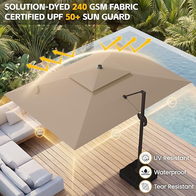 9x12 FT Patio Cantilever Umbrella (Base Not Included) (Base Not Included), Rectangular Heavy Duty Offset Umbrella for 6-8 People, 360°Rotation & Mult Tilt, Double Top Design, for Pool Garden Deck (Tan)