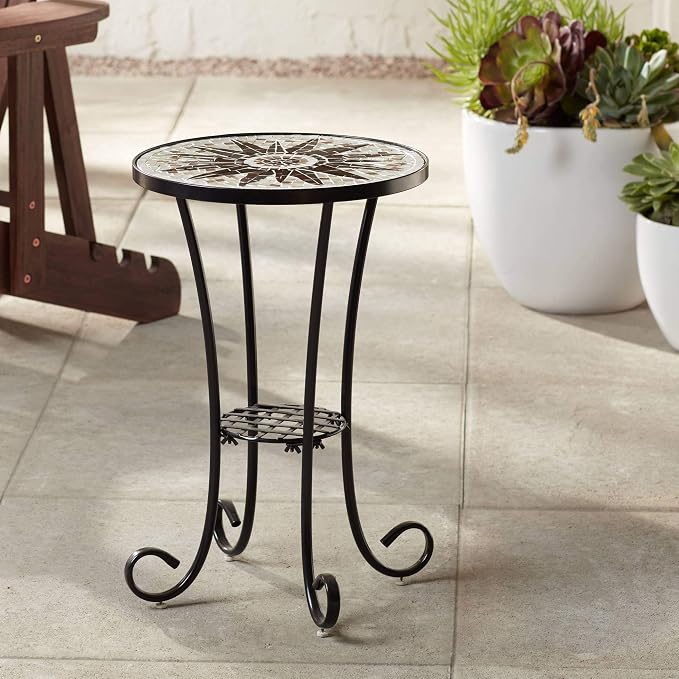 Teal Island Designs Sunburst Modern Black Metal Round Outdoor Accent Side Table 14" Wide Brown Mosaic Tabletop Gracefully Curved Legs for Spaces Front Porch Patio Home House Balcony Deck Shed Yard