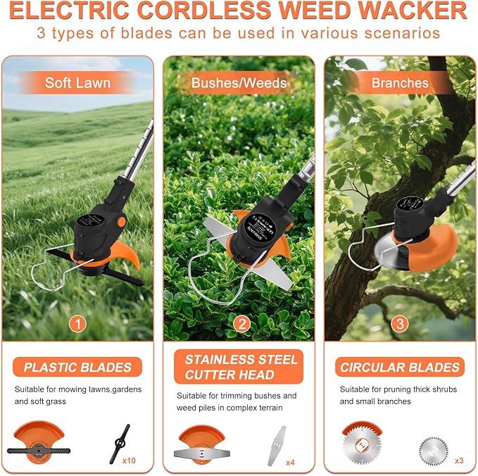 Electric Weed Wacker String Weed Eater Cordless Grass Trimmer 21V Battery Powered String Trimmer with 2x2.0ah Battery and Charger Brush Cutter/Edger/Mower with 3 Types Blade for Garden Lawn(Black)