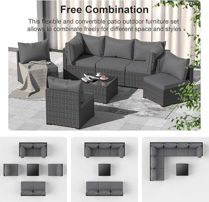 Patio Furniture Set, 7PCS Outdoor Sectional PE Rattan Patio Conversation Set w/Thickened Cushion Modular Wicker Patio Sofa Set w/Coffee Table for Balcony, Backyard(Grey)