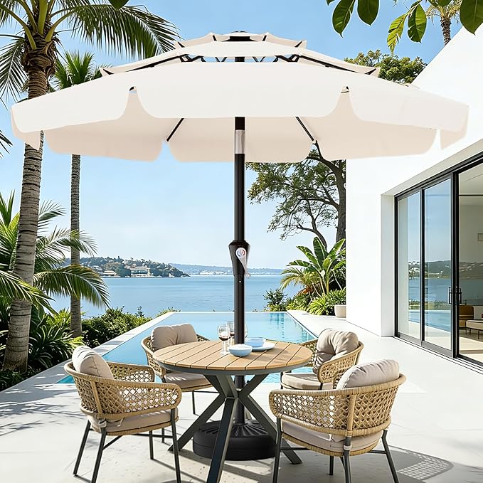 AreShark 10FT 3-Tiers Patio Umbrella with Valance, Outdoor Umbrellas with Crank/Tilt, Table Market Umbrella Vented w/ 8 Sturdy Ribs for Garden, Deck, Backyard, and Pool, Cream White