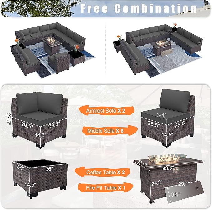 Patio Furniture Set with Fire Pit Table 13-Pieces Outdoor Sectional Furniture Outdoor Rattan Patio Conversation Sets with 43in Propane Gas Fire Pit Table and Glass Table, Grey