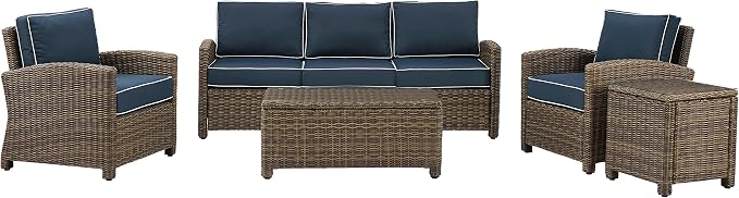 Crosley Furniture Bradenton 5-Piece Outdoor Sofa Patio Furniture Set, Wicker Conversation Sets for Porch, Brown with Navy Cushions