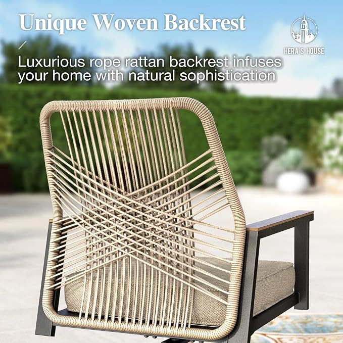 HERA'S HOUSE 9pc Patio Dining Set, 57.5" Metal Table & Swivel Rattan Chairs | Square Wood-look table with umbrella hole, cushioned chairs. Waterproof, rust-resistant, all-weather for backyard, porch.