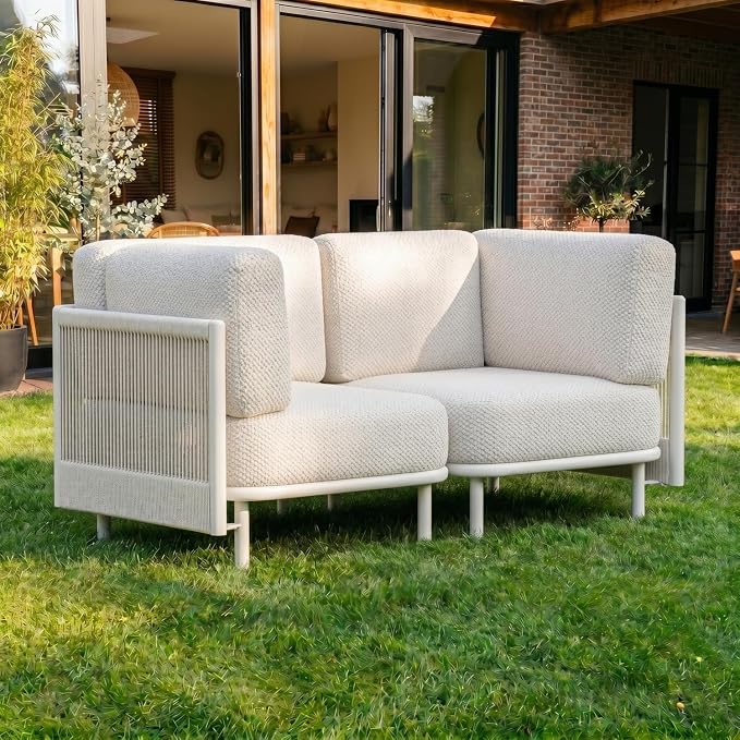 LayinSun 2 Pieces Patio Furniture Set, Modern Outdoor Modular Sectional Conversation Set L-Shaped Sofa with 7-inch Cushion for Garden Backyard Deck
