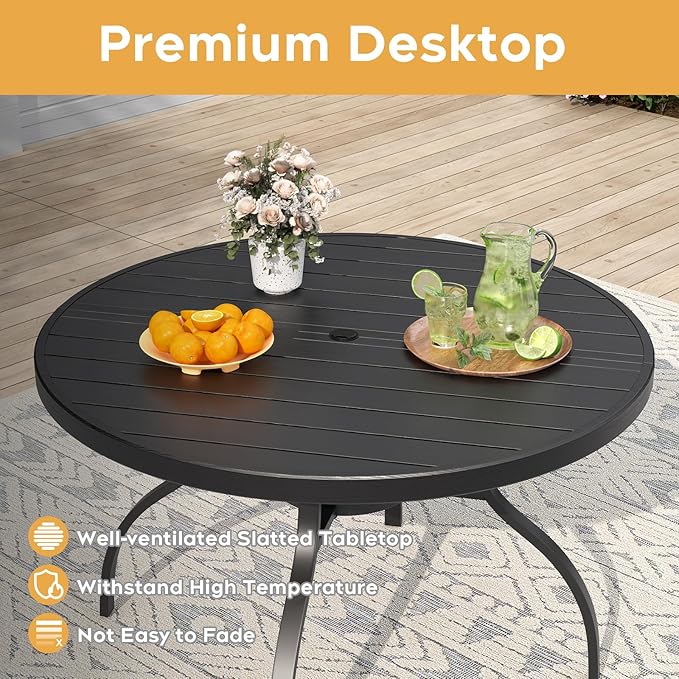 47" Round Outdoor Dining Table for 6, Metal Round Patio Table with Umbrella Hole, All-Weather Outdoor Patio Dining Table for Lawn Garden Deck Backyard (Black)