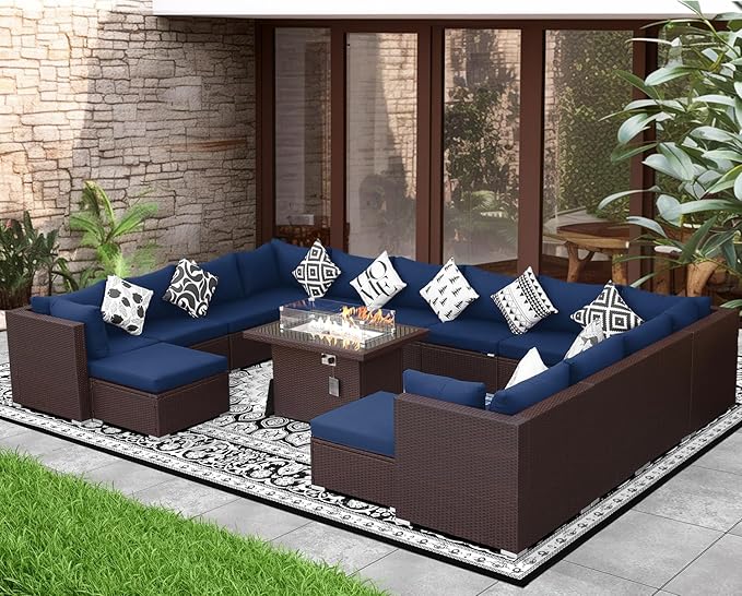 NICESOUL 15 Piece Outdoor Sectional with Fire Pit Table, Modern Luxury Patio Deep Seating w/Firepit, 29.3'' High-Back Wicker Couch Thick, Big High-Weight Capacity Sofa for Garden, Yard, Brown & Blue
