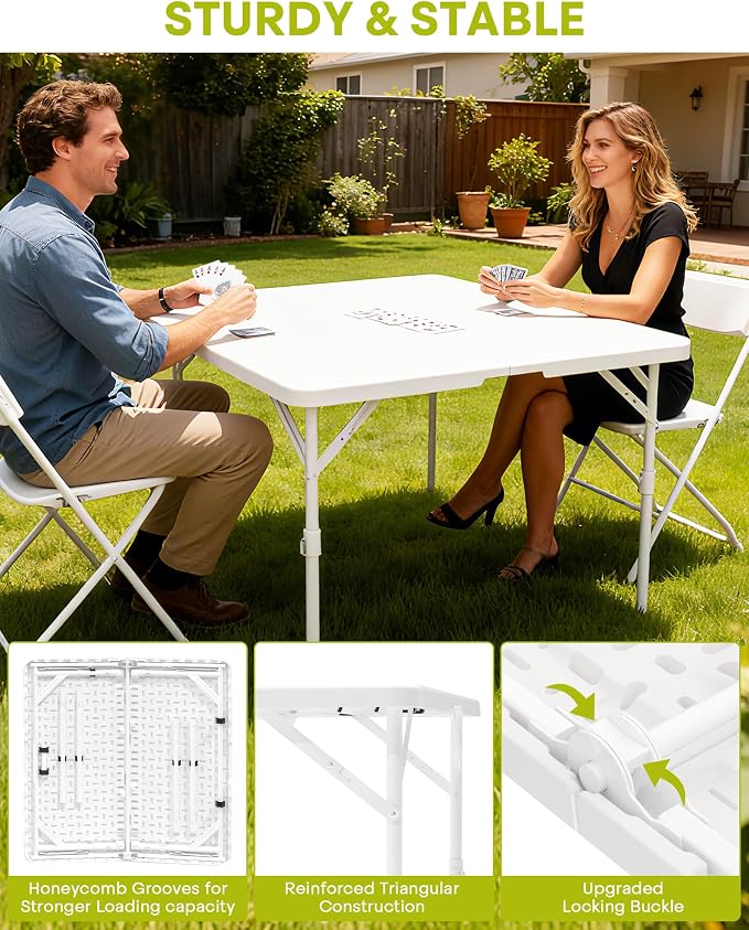 34" Folding Card Table, 3 Foot Portable Plastic Tables with Collapsible Legs & Carrying Handle, Fold in Half Square Table, Bi-Folding Commercial Tables for Indoor Outdoor Party Dining Camping