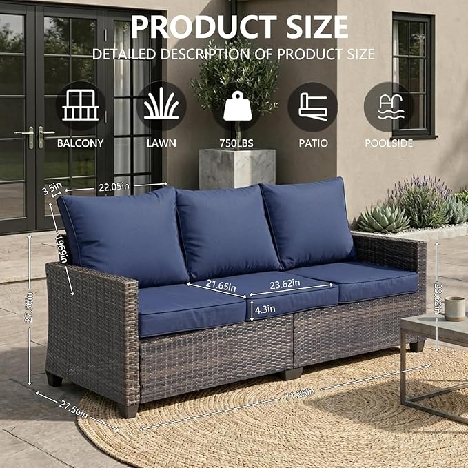 LAUSAINT HOME 3 Pieces Outdoor Patio Furniture, Outdoor Sectional Sofa Patio Furniture Sets Wicker Rattan Patio Conversation Sets with Cushion and Glass Table (Dark Blue)