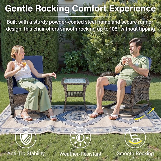 Belord Patio Rocking Chair Wicker Chair, 1 Piece Outdoor Rocking Chair Seating with Cushions for Porch Deck Balcony, Brown/Blue