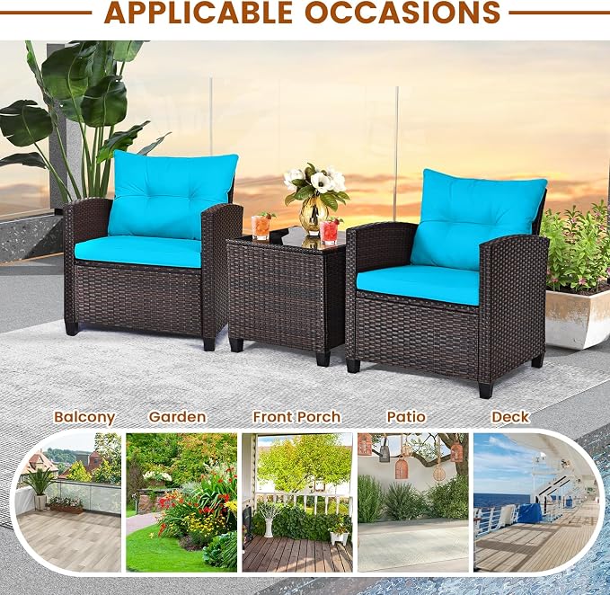 3-Pieces Patio Furniture Set, PE Wicker Chairs Sofa Set with Removable Cushions & Glass Top Side Table, Outdoor Wicker Rattan Conversation Chair for Porch,Backyard, Balcony (Turquoise)