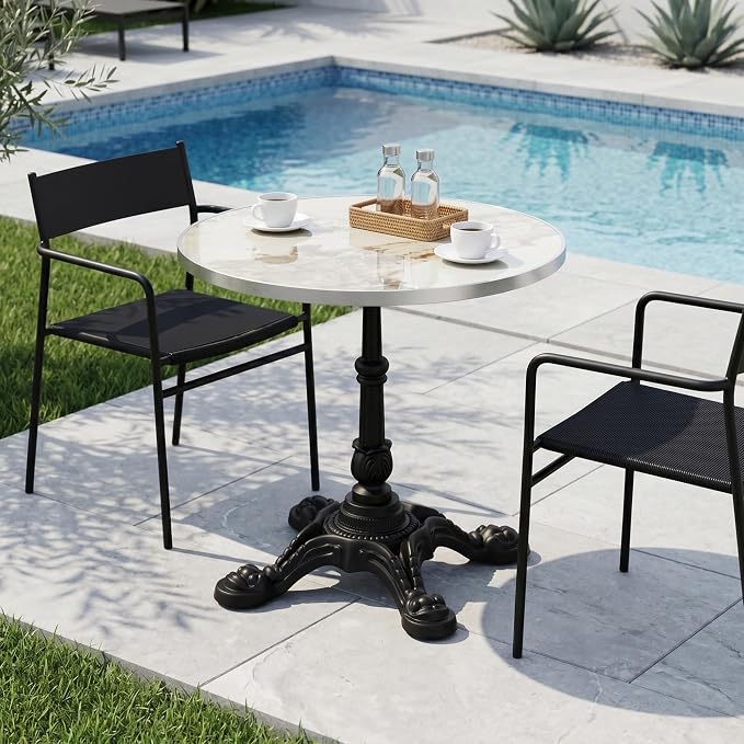 31.5 Inch Round Outdoor Patio Dining Table, Sintered Stone Bistro Table with Cast Iron Pedestal Base for Balcony Garden Poolside Cafe, Seats 2 to 4, Ivory Marble