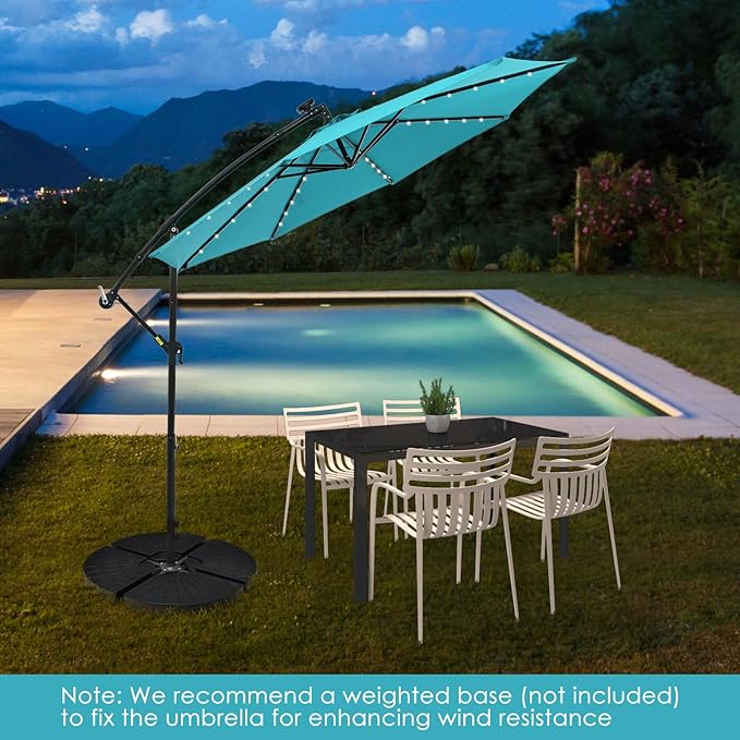 Tangkula 10 Ft Patio Offset Umbrella, 40 LED Lighted Market Umbrella W/8 Sturdy Ribs, Easy Tilt Adjustment & Crank, Polyester Shade, Ideal for Backyard, Garden, Seaside, Store, Pool (Turquoise)
