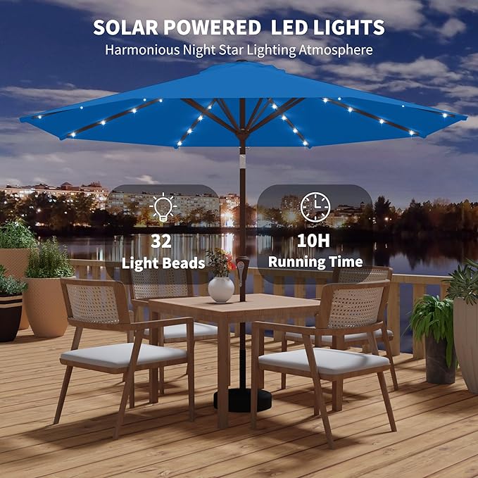 Kingdura 10FT Outdoor Patio Umbrella with Solar Lights, Market Table Umbrella with Push Button Tilt & Crank, 8 Sturdy Ribs, 32 LED Lights, UV Protection for Garden Lawn Deck Backyard Pool (Royal blue)