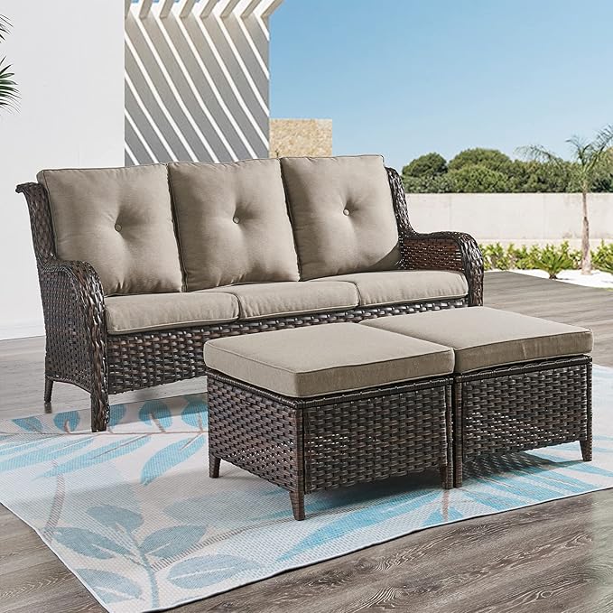 Rilyson 3 Piece Wicker Patio Furniture Set - Outdoor Rattan Patio Comversation Set with 1 Sofa and 2 Ottomans for Outside Porch Deck Garden(Brown/Grey)