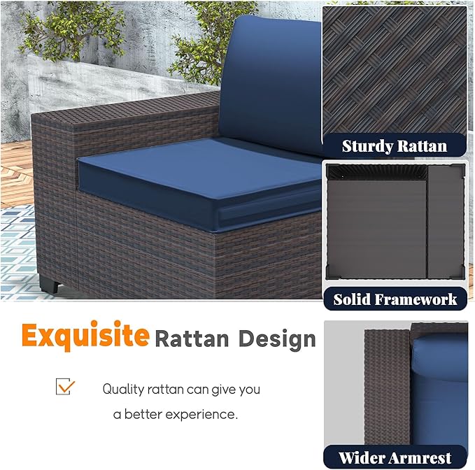 Patio Furniture Set 9 Pieces Outdoor Swivel Rocking Chairs Sofa Set,PE Rattan Wicker Patio Conversation Set with Thickened Cushions and Glass Coffee Table,NavyBlue