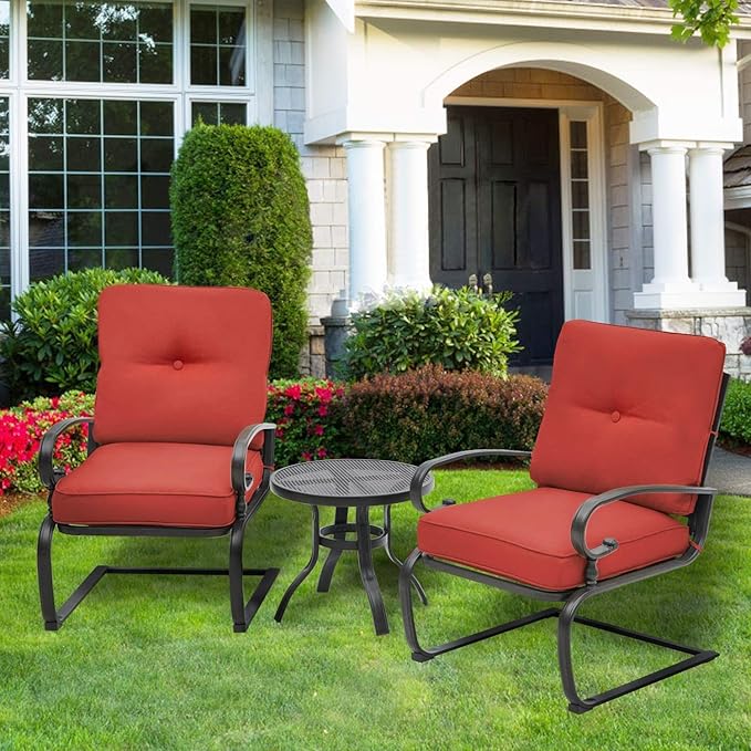 Outdoor 3 Pcs Patio Bistro Set Spring Motion Metal Lounge Chairs and Round Table, Steel Frame Conversation Set with Washable Cushions, Red