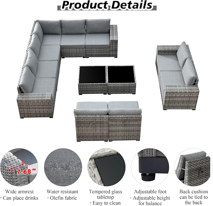 HOOOWOOO Outdoor Patio Sectional Furniture Sofa Set with Widened Armrest,12 Piece Large Modern Wicker Couch,Modular L Shaped Conversation Seating Set with Table for Out Door Garden Corner(Dark Grey)
