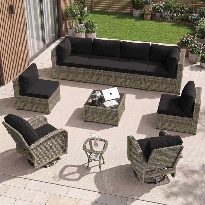 Aoxun 10 Piece Outdoor Patio Furniture Set with Coffee Table, Wicker Rattan Outdoor Furniture with High Back Swivel Rocker Chairs, Outdoor Conversation Set with Thick Cushion & Ottoman, Black