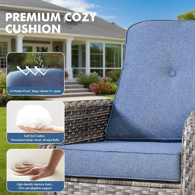 Weaxty Outdoor Swivel Rocker Patio Chairs, 3 Pieces Patio Furniture Set with Rocking Chair and Wicker Side Table, Outdoor Furniture Conversation Set for Porch, Deck, Yard, Balcony, Denim Blue