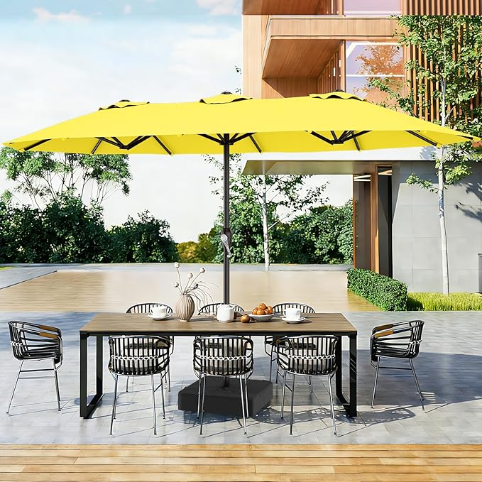 AreShark 15FT Outdoor Patio Umbrella with Crank, Large Rectangular Market Umbrella, Double-Sided Outdoor Umbrellas with Cross Base & Sandbag for Porch, Lawn, Pool, Backyard, Yellow
