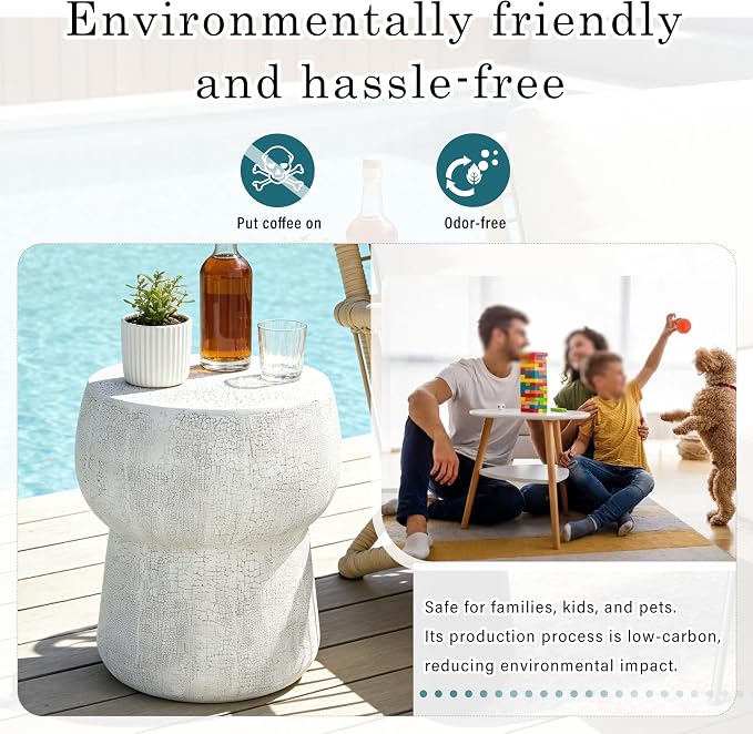 Modern Outdoor Side Table Round Concrete Side Tables with Faux Stone Crack Finish, MGO Patio End Table for Living Room Garden Balcony,Fully Assembled, Grey