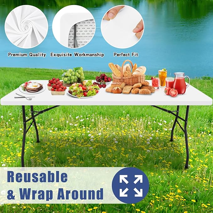 Moosfor Spandex 8 Foot Rectangle Table Cloth 2 Pack, Elastic Fitted Tablecloths for Picnic, Stretch Washable Patio Table Cover for Outdoor, Camping, Banquet and Parties (White, 36"x96")