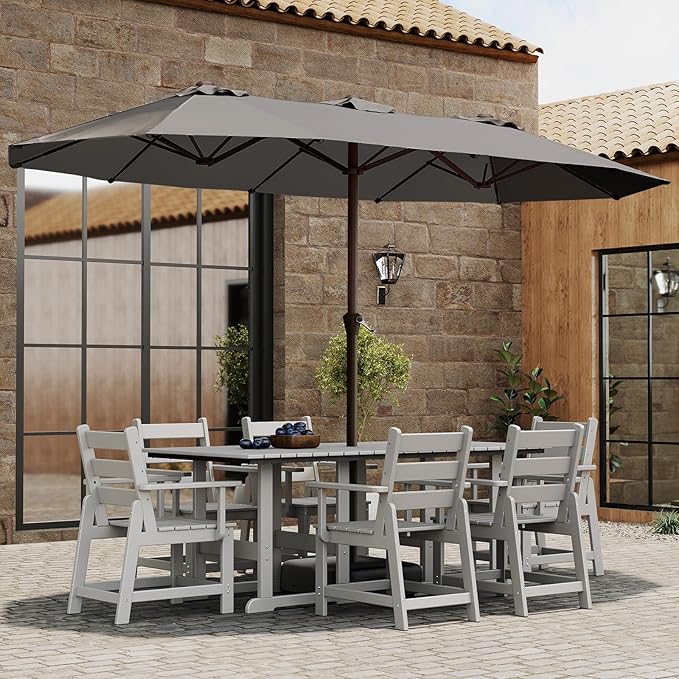 BRIOPAWS 15-FT-Large-Patio-Umbrella-with-Base | Double-Sided | Outdoor Table Umbrellas | w/Crank Handle | 12 Sturdy Fiberglass Rib | UV-Protection | for Garden Deck Backyard Pool | Charcoal Gray