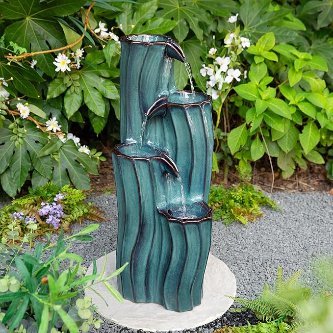 Glitzhome 30" Tall Outdoor Water Fountain with LED Light, Pump & Adapter, 4-Tier Turquoise Wavy Texture Ceramic Cascading Garden Fountains Waterfalls for Porch Deck Patio Backyard
