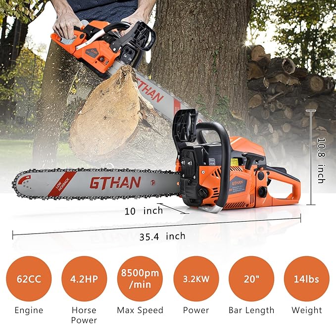 Gas Chainsaw 62cc 20 Inch Chain Saw 2-Stroke Chainsaw Gas Powered 4.2hp Handheld Cordless Petrol Gas Chain Saws for Trees Wood Farm Garden Ranch Forest Cutting