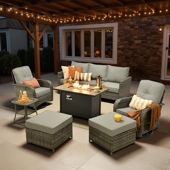 7 Piece Patio Furniture Set with Firepit Swivel Chair, Dark Gray | High Back Swivel Rocker Chairs, Deep Seat Sofa Ottoman, Fire Pit Table, Outdoor Conversation Sets for Porch Deck Backyard