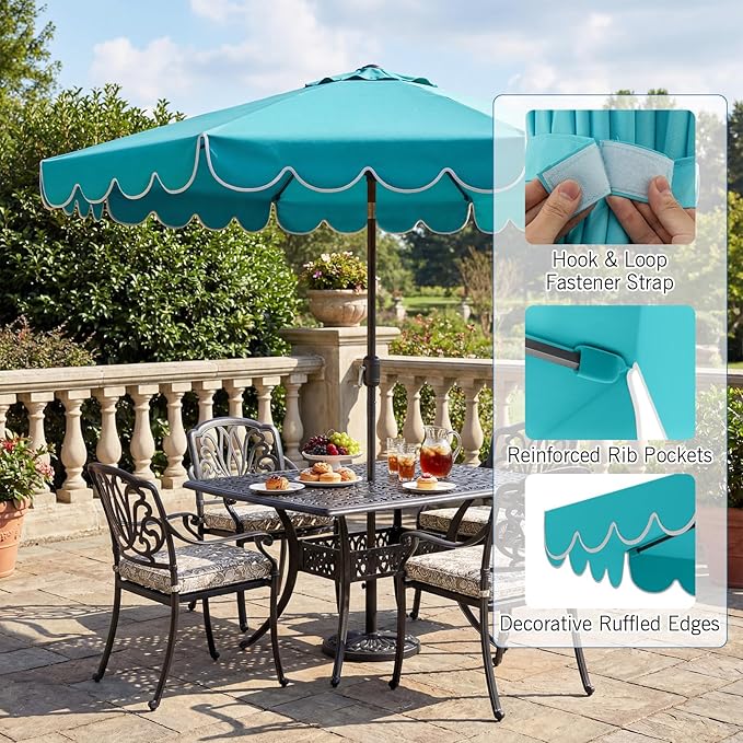 RELAX4LIFE 10 FT Scalloped Patio Umbrella, Market Table Umbrella with Push Button Tilt, Crank, 8 Sturdy Metal Ribs, Vented Top, Sun-Protective Ruffled Canopy, Heavy-duty Outdoor Parasol for Garden Poolside Deck
