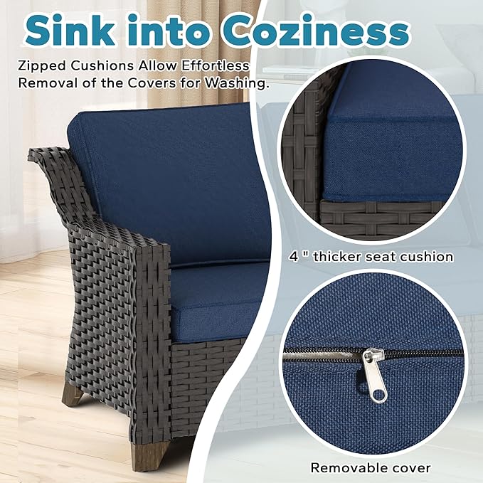 4 Pieces Patio Conversation Furniture Set - 1 Sofa, 2 Armchairs, 1 Side Table, Outdoor Wicker Furniture with Removable Cushions for Porch, Balcony, Sunroom (Blue)