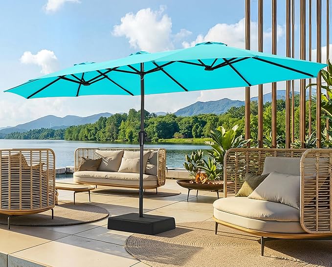 SUPERJARE 15FT Outdoor Patio Umbrella with Base Included, Double Sided Pool Umbrellas with Fade Resistant Canopy, Extra-Large Table Umbrella for Deck, Market, Backyard, Light Blue