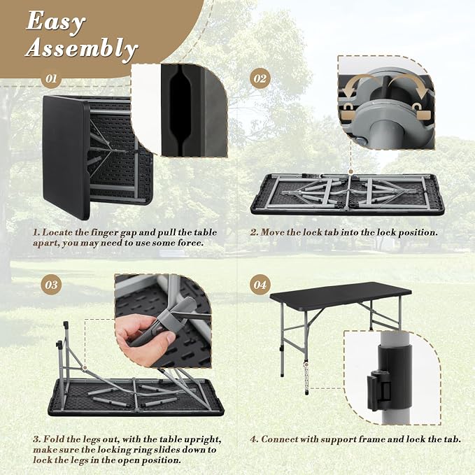 Athena Collection 4ft Folding Table, Lightweight Portable Desk with Handle, Square Foldable Plastic Table for Card Games, Collapsible Dining, Indoor Outdoor Camping Picnic & Party Use, Black