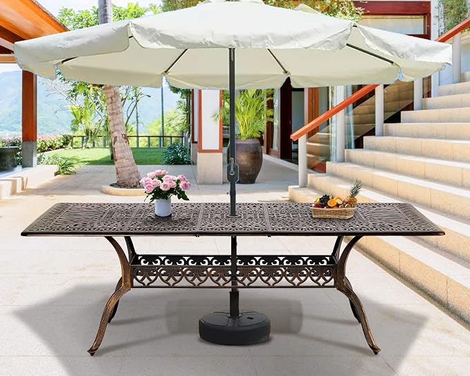TITIMO 9-Piece Cast Aluminum Patio Furniture Set, Outdoor Dining Set Bistro Conversation Set, Rectangular Dining Table Set w/Cushions Umbrella Hole (Khaki-Fixed Grid Chair+Swivel Grid Chair, 9 Pcs)