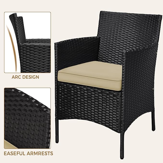 Yaheetech 3 Pieces Patio Conversation Set, Outdoor Rattan Bistro Furniture, 2 Chairs with Cushions & 1 Side Table for Bistro/Porch/Garden/Deck/Courtyard, Black/Khaki