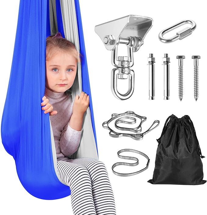 Yoga Swing for Kids Hammock Children Hangin Indoor Outdoor Autism Aspergers,ADHD Kids Hangin Therapy Swing 90inch x 59inch (Hardware Included) Sapphire Blue and Gray
