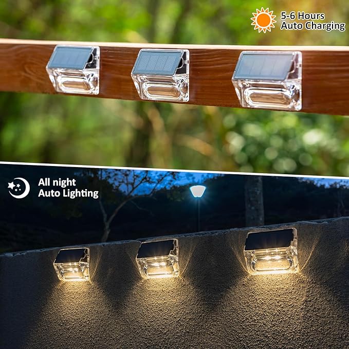 Qualdout Solar Outdoor Lights, 12 Pack Solar Fence Lights, Deck Lights Waterproof Solar Powered Outside Lighting for Step Railing Wall Pool Stair Yard Garden Patio Pool Decorations (Warm White)