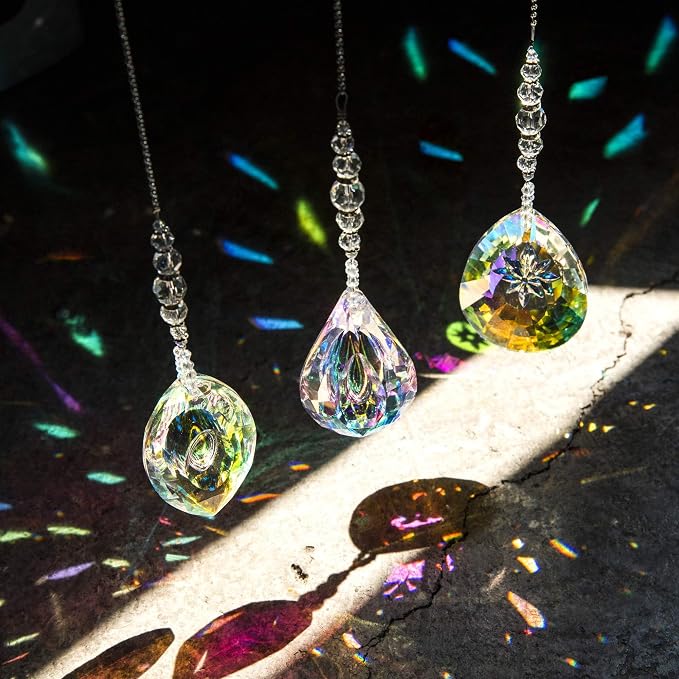 YU FENG 3PCS Crystal Prism Suncatcher, Window Hanging Rainbow Maker Set | AB Colored Glass Prisms, Faceted Crystal Design, Sun Catcher Decor for Home Garden Window, Creates Bright Rainbow Effects